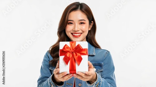A Joyful Moment: A smiling young woman holds a gift box tied with a red ribbon, ready to be presented, embodying happiness and generosity.