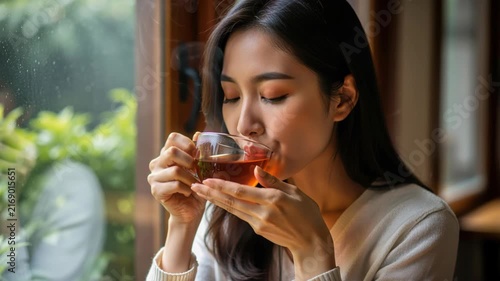 Aromatic Comfort: A young woman enjoys a moment of quiet reflection, savoring the warmth and aroma of a steaming cup of tea by the window.