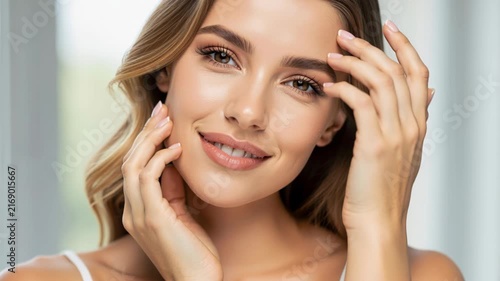 Radiant Smile: A young woman with flowing blonde hair and a gentle smile touches her face, her eyes conveying a sense of confidence and inner peace, illuminated by soft, natural light.