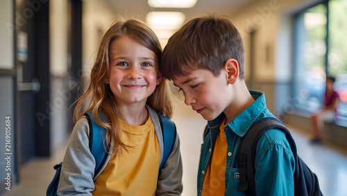 Girl and boy with backpacks standing in school hallway

