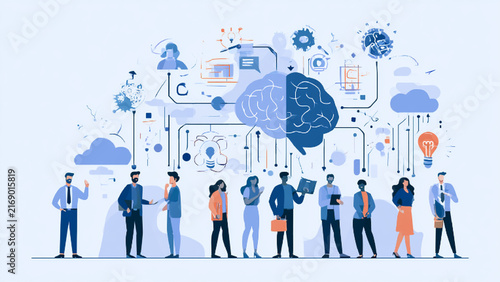 Artificial intelligence digital brain technology concept with business team, icons, and data connectivity