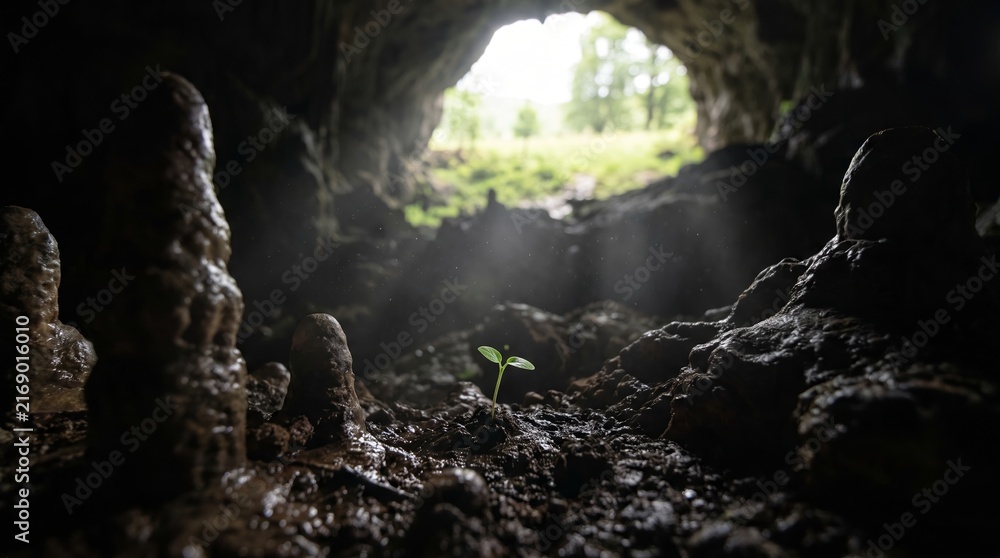 Fototapeta premium Tiny green sprout grows in dark cave, sunlight beams through opening. Mossy rocks surround fragile plant, nature's resilience shines. Scene symbolizes hope, rebirth, or overcoming darkness