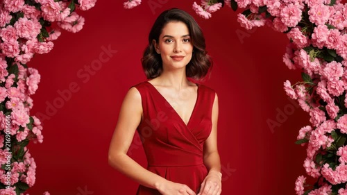 Elegant Woman in Red Dress with Floral Arch