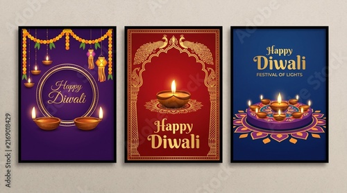 Happy Diwali Poster with Diya Lamp and Peacock Vector Illustration. Indian festival of lights Design. Suitable for Greeting Card, Banner, Flyer, Template.