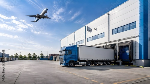 Blue semi truck docked at a modern warehouse loading bay with an airplane flying in the blue sky, representing international logistics, freight distribution, and cargo transport.