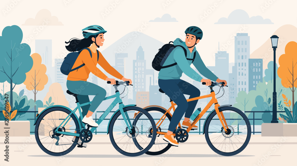 Fototapeta premium Two friends enjoying a sunny day cycling through a vibrant urban park