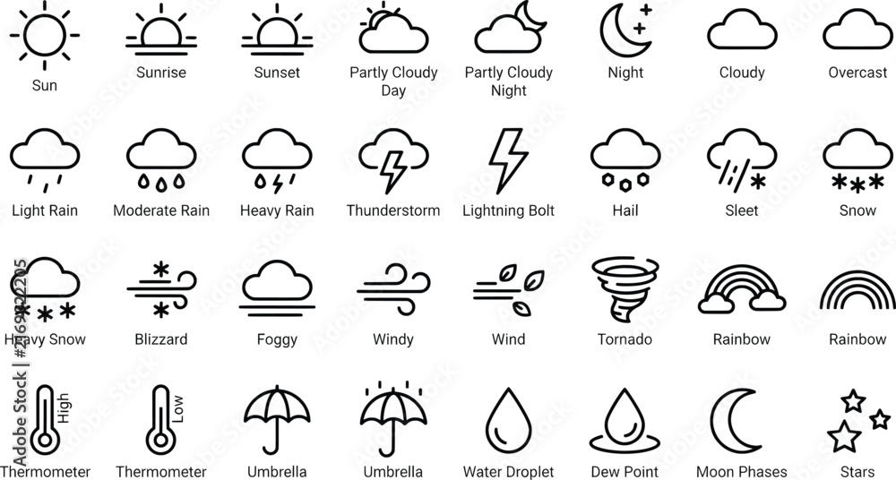 Fototapeta premium Minimalist weather icon set, 32 outline meteorology symbols, black line art weather forecast elements for mobile apps and web design