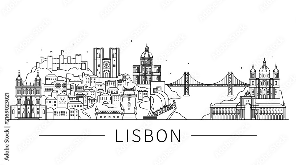 Obraz premium Lisbon city skyline line art illustration.