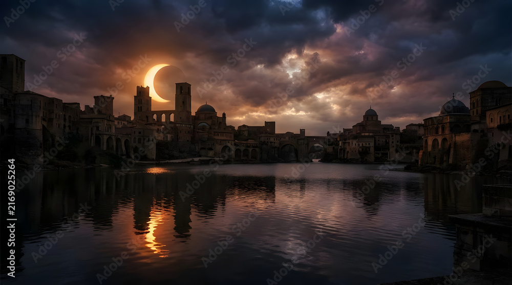 Fototapeta premium Ancient city eclipse reflection