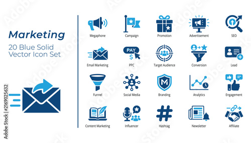 Marketing Icon Set, Megaphone, Email Marketing, PPC, SEO, Funnel, Social Media, Branding, Influencer, Modern Flat Vector Icon Bundle