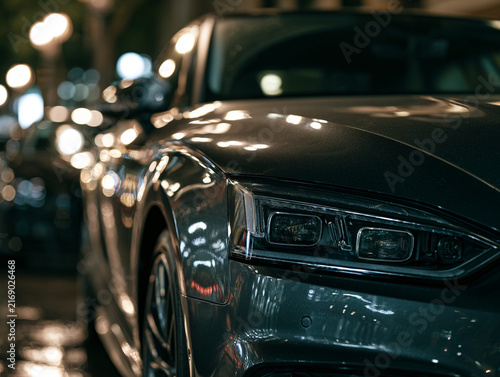 Cinematic close up of luxury car front corner