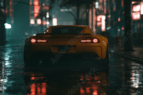 Cinematic sports car parked at night on wet pavement