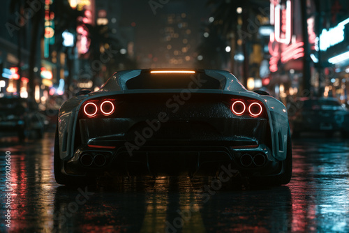 Cinematic sports car parked at night on wet pavement