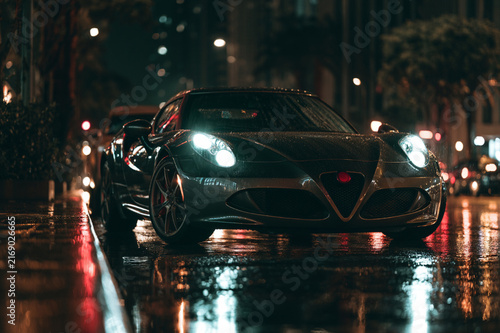 Cinematic stationary sports car under moody city lights