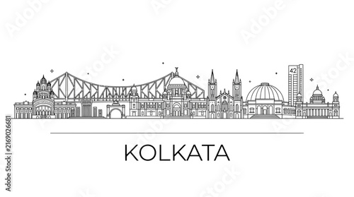 Kolkata city skyline minimalist line art graphic.