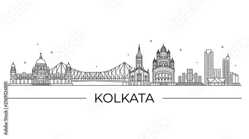 Kolkata India skyline line art travel illustration.