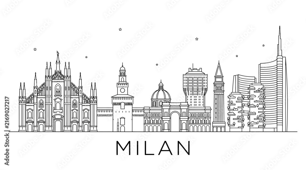 Fototapeta premium Milan Italy city skyline minimalist line art illustration.