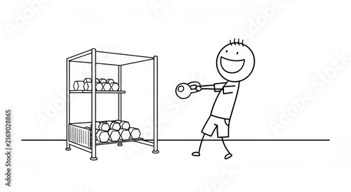 Cheerful Stick Figure Performing a Kettlebell Swing for Fitness Motivation in a Gym Setting