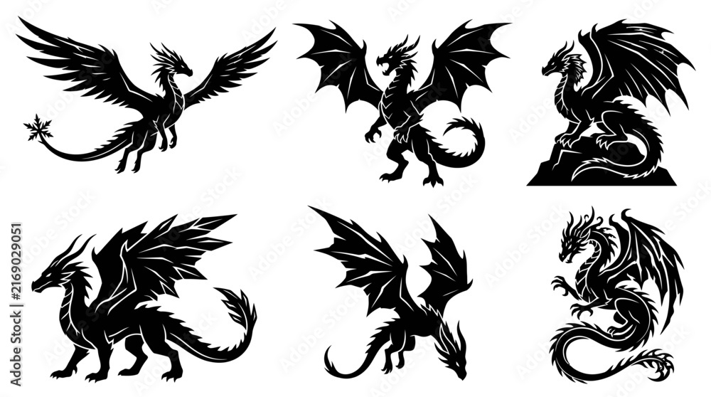 Naklejka premium Dynamic flying dragon silhouettes in action poses