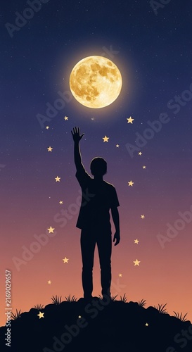 Silhouette of a man reaching for a golden moon in a starry night sky with a cosmic atmosphere