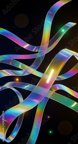 Abstract Background Featuring Iridescent Holographic Flowing Ribbons On Deep Black Velocity Space