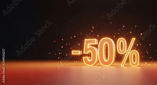 Glowing Fifty Percent Discount Sign With Golden Light Particles On A Moody Dark Gradient Background