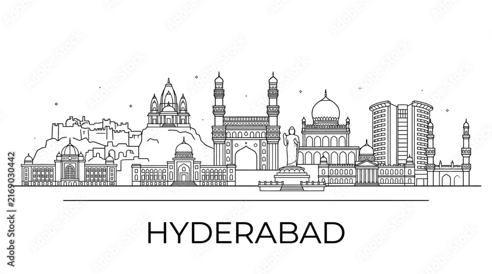 Fototapeta premium Hyderabad India skyline minimalist line art drawing.