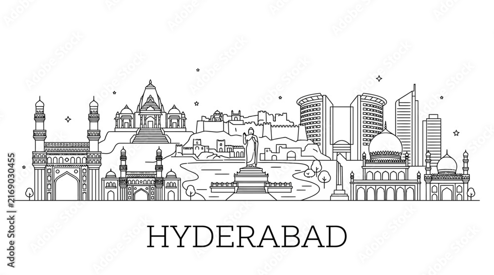 Obraz premium Hyderabad India skyline linear vector illustration.