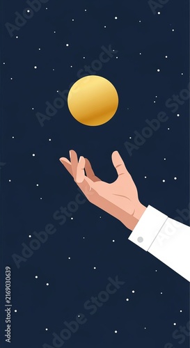 Flat Vector Illustration of a Human Hand Reaching Towards a Glowing Golden Moon in Starry Night Sky