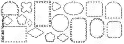 Black heart lace border frames form scalloped crochet trim around oval, circle, rectangle plus arch shapes as romantic decorative edges isolated on white background for wedding stationery.