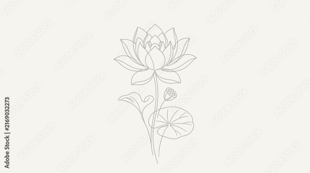 Obraz premium Delicate lotus flower line art illustration with stem.