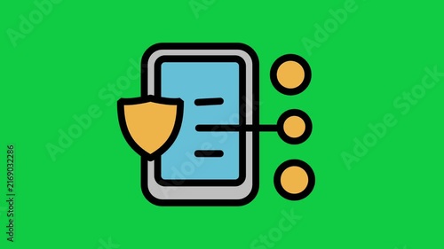 Mobile Security Motion Icon. Animated smartphone display icon connected to network nodes with protective shield symbol for secure mobile network connections.