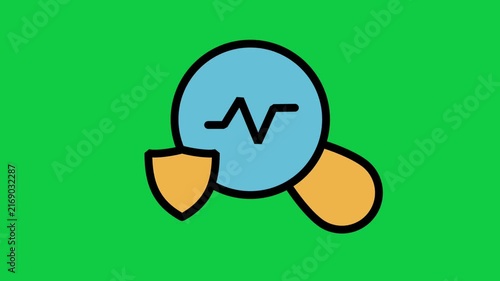 Secure Analytics Motion Icon. Animated magnifying glass icon inspecting pulse line wave with security shield for safe data analysis and monitoring.