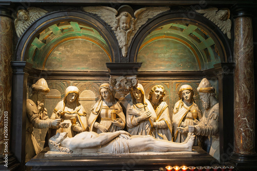 Deposition or Lamentation Sculpture Group Inside Cathedral in Brussels, Belgium