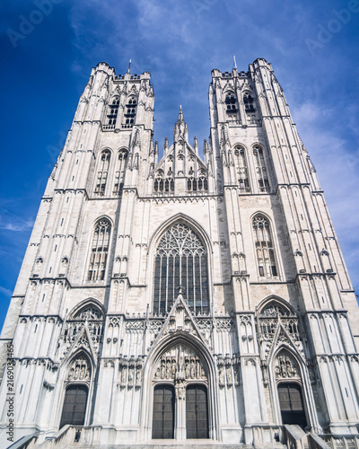 Facade and Twin Towers of St. Michael and St. Gudula Cathedral in Brussels, Belgium
