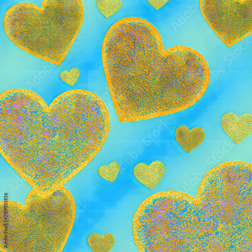 Glowing glitter neon golden orange hearts pattern light blue gradient background heart texture wallpaper