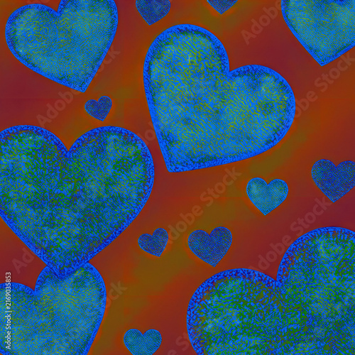 Glittering glowing blue hearts pattern on orange brown background heart texture wallpaper