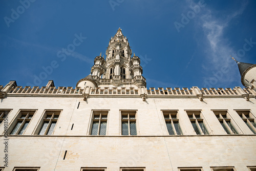 Tower and Architecture of the Town Hall in Grand Place of Brussels, Belgium