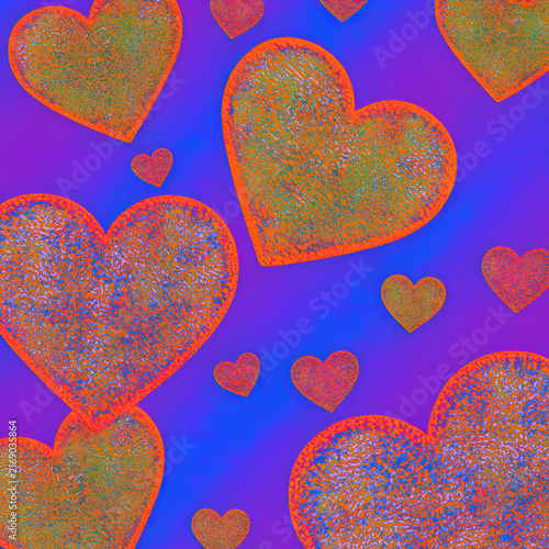 Glowing Glitter neon orange pink textured hearts bright blue purple gradient background heart wallpaper