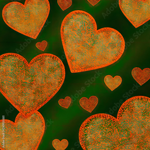 Vibrant glowing orange hearts pattern on dark green background