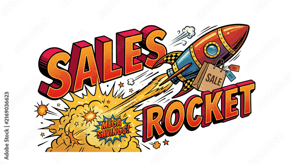 Fototapeta premium Sales Rocket Launching Upwards With Explosion And Sale Tag