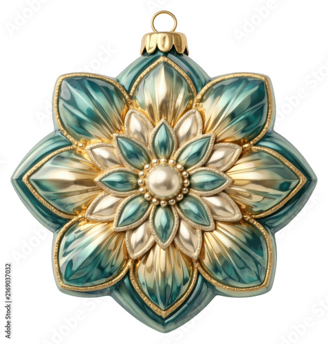 Ornate teal and gold christmas ornament, transparent, isolated