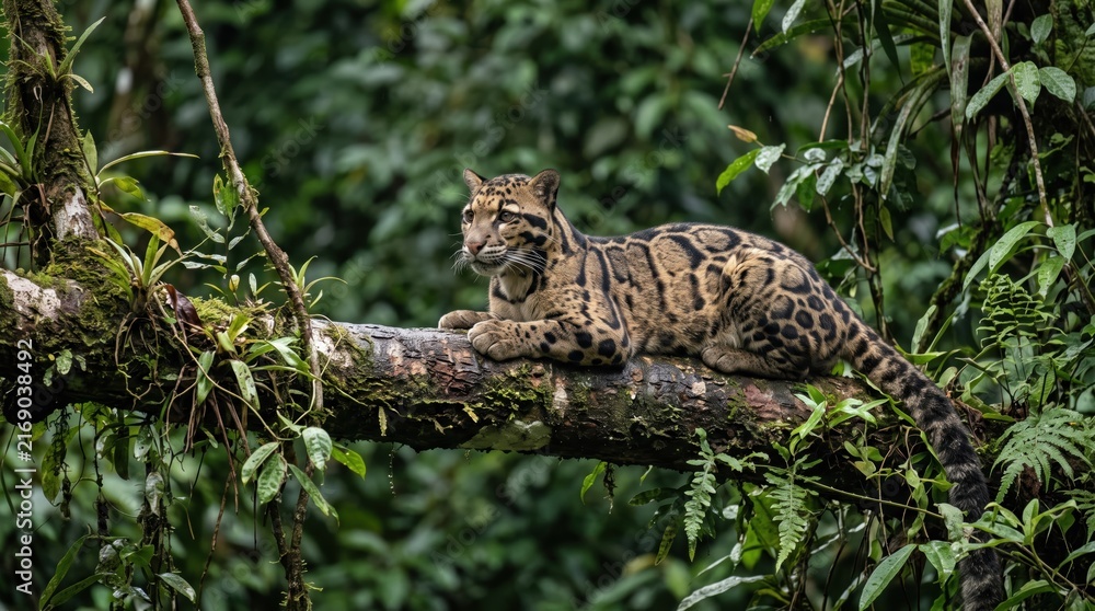 Naklejka premium Clouded leopard resting on a tree branch in a dense tropical jungle forest