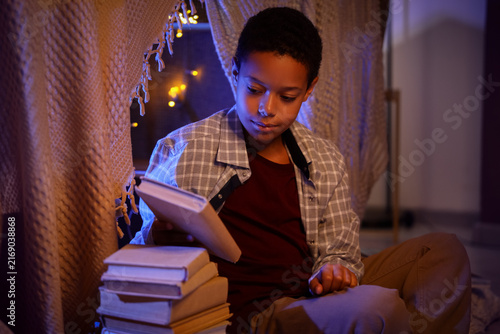 Childhood education and learning, young boy reading books in a cozy blanket f...