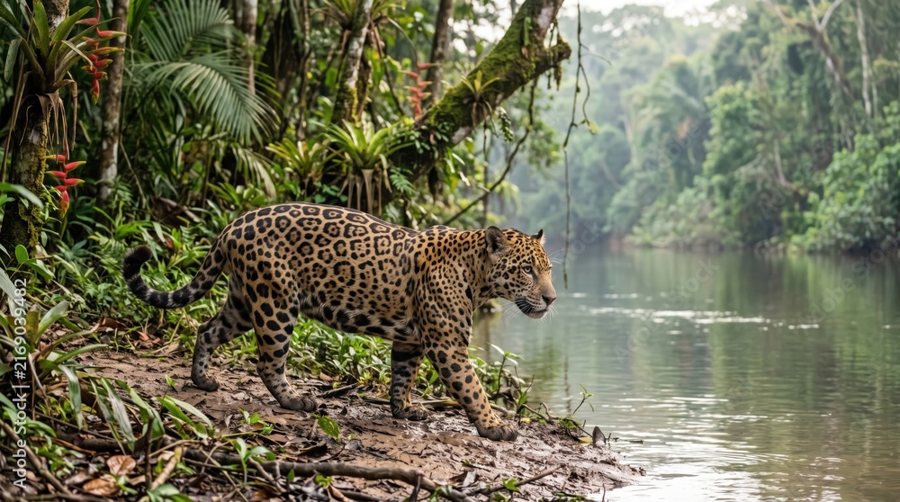 Fototapeta premium A wild jaguar walking on the river bank in the deep green tropical rain forest of the amazon