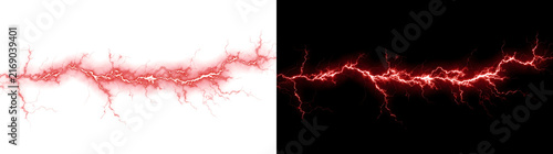 Bild auf Leinwand Red lightning bolt crackling with intense electric branches on black background