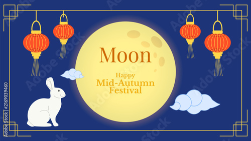 Mid Autumn Festival Moon Rabbit Lantern Greeting moon rabbit full moon Chinese lantern mooncake cloud traditional element for greeting card banner poster seasonal design vector illustration.