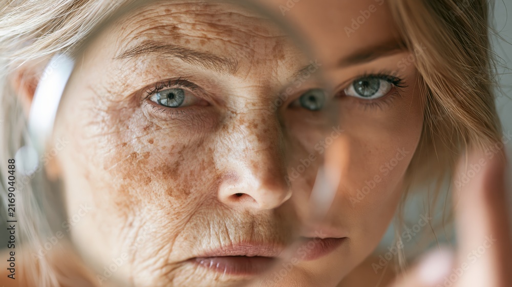Fototapeta premium Adult woman looks in mirror and sees her older self reflecting aging and skincare journey in a beauty setting Generative AI