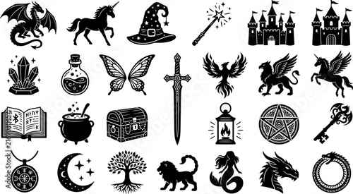 Foto Fantasy magic and mythical creature icon set with fairy tale mystery symbols for medieval adventure stories and wizardry vector