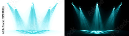 Bild auf Leinwand Multiple blue spotlight fixtures illuminate checkered dance floor with bright be